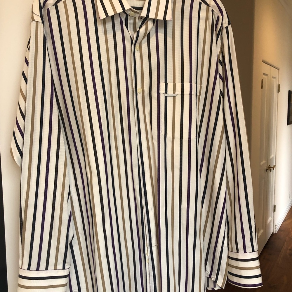 ALEX CANNON DRESS SHIRT SZ-L CREAM W/MULTI COLOR STRIPES IN PERFECT CONDITION